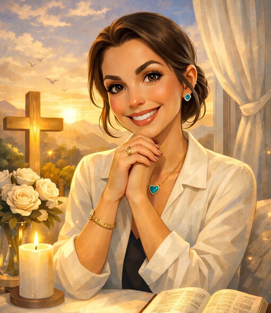 Illustrated portrait of Claudeth Oliveira in prayer beside an open Bible